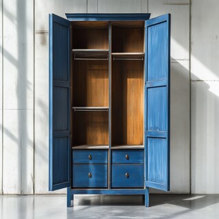 Modern Shore Blue 2-Door Swing Wardrobe Design With Open Shelves