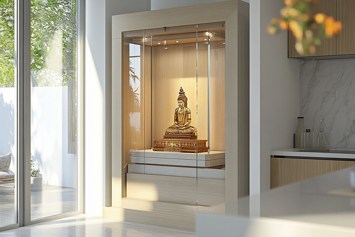 Contemporary Mandir Design With Glass Door For Kitchen Spaces