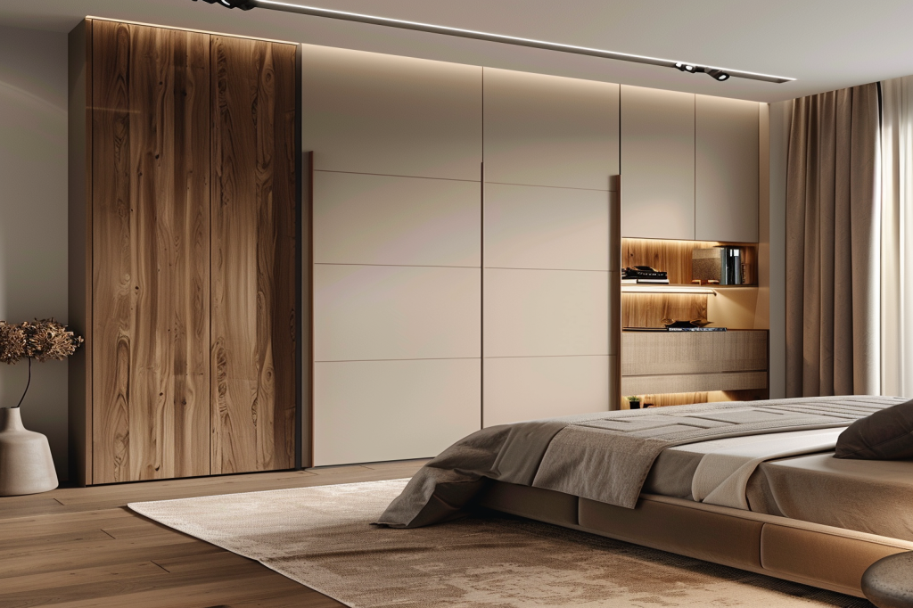 Modern Master Bedroom Design With 3-Door Beige And Wood Sliding Wardrobe