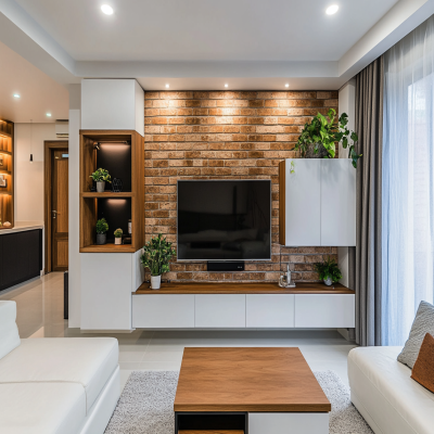 Contemporary White And Brown TV Unit Design With Brick Wallpaper