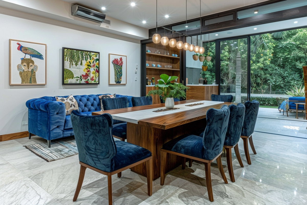 Contemporary Dining Room Design With Nature-Themed Chairs And Blue Velvet Seater