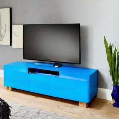 Rustic TV Unit Design in Blue with Plants and Grey Wall