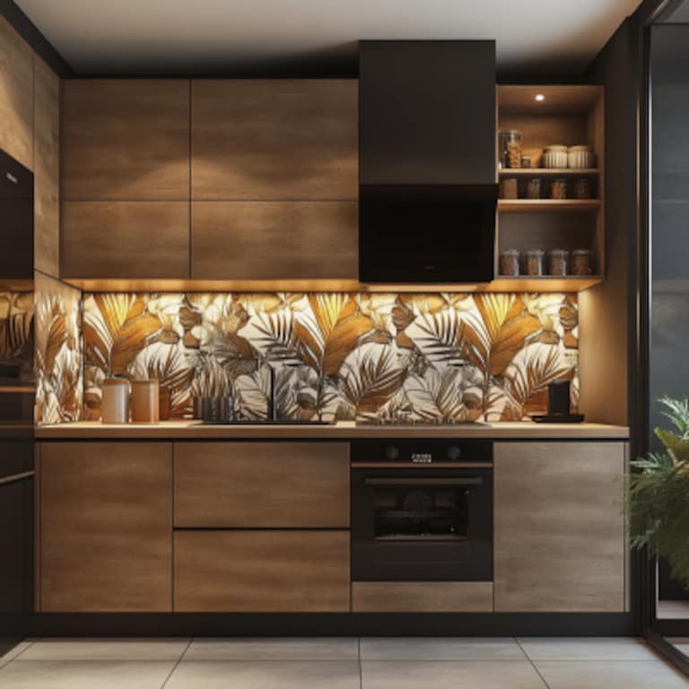 Modern Eclectic Brown and White Leaf-Pattern Kitchen Wall Tile