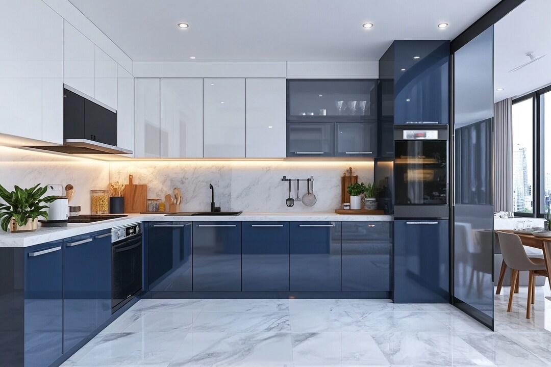 Modern Modular L-Shaped Blue And White Kitchen Cabinet Design With ...
