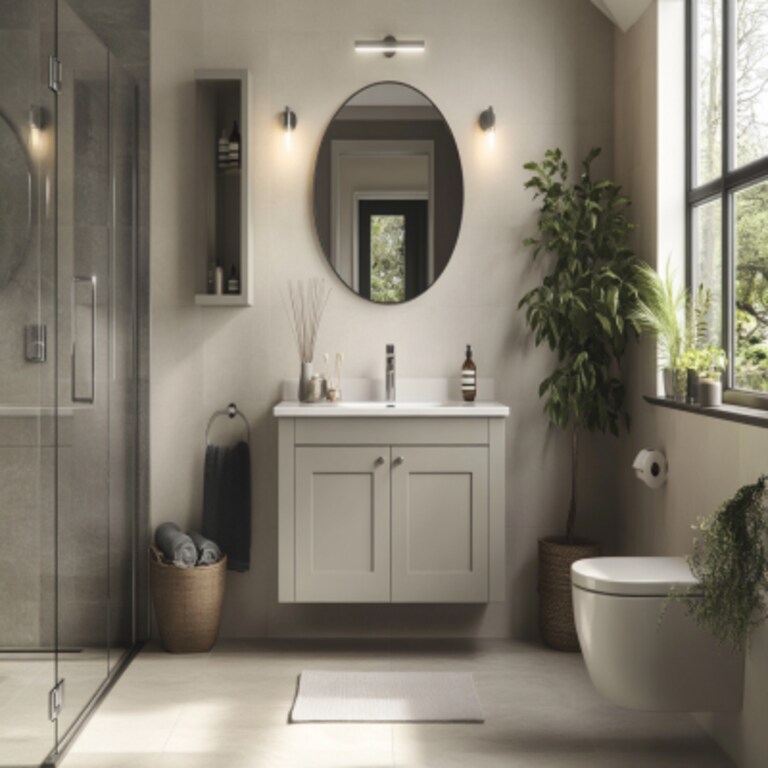 Modern Grey and Cream Bathroom Design With Glass Shower Partition