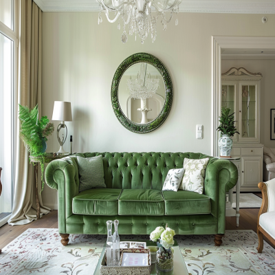 Contemporary Living Room Design With Green Chesterfield Sofa