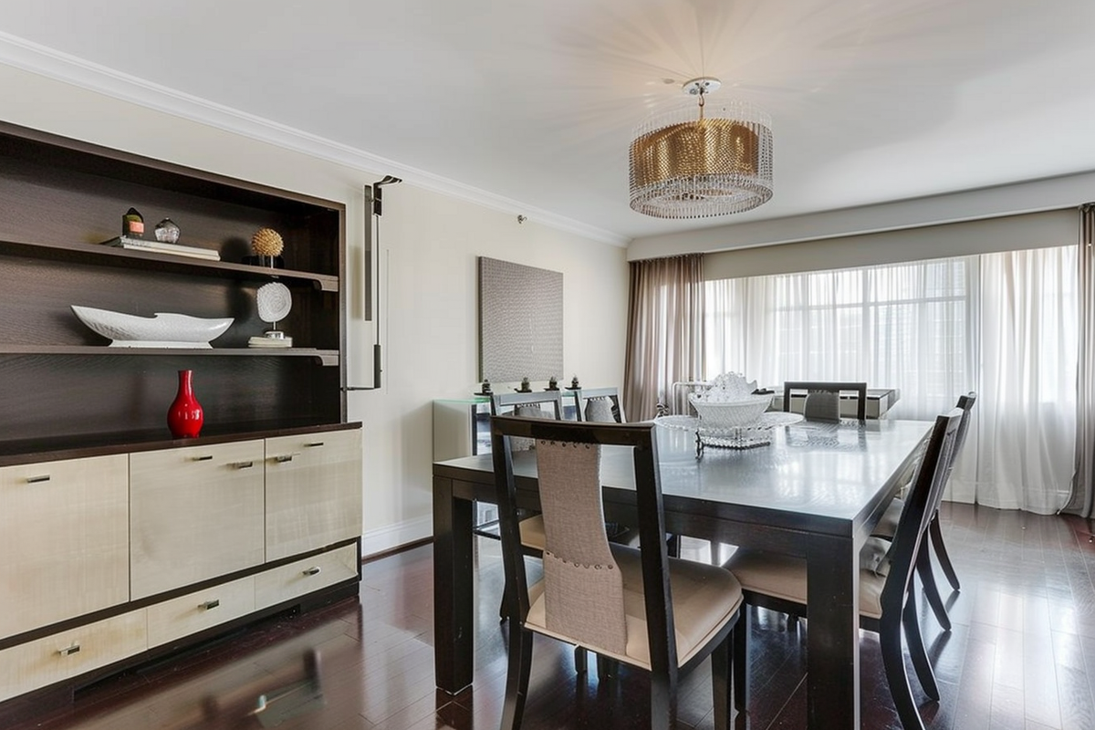 Minimal 6-Seater Dark Wood Dining Room Design With Beige Storage Unit