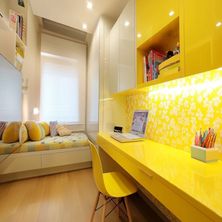 Modern Kids Room Design With Glossy Pastel Yellow Study Table