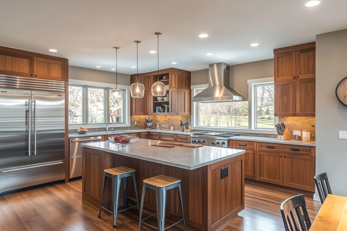 Contemporary L-Shaped Kitchen Design with Mid Tall Unit and Cabinets