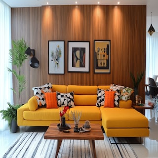 Eclectic Living Room Design With Yellow L-Shaped Sofa And Wooden Accent Wall