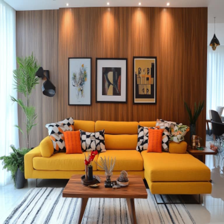 Eclectic Living Room Design With Yellow L-Shaped Sofa And Wooden Accent Wall