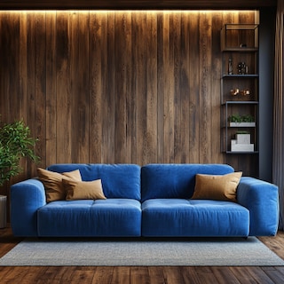 Modern Living Room Design With Blue 3-Seater Sofa And Wooden Wall Panel