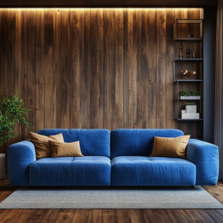 Modern Living Room Design With Blue 3-Seater Sofa And Wooden Wall Panel