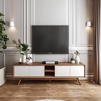 Classic Wooden Floor-Mounted TV Unit Design with 3-Compartment Storage and White Wall Panels: