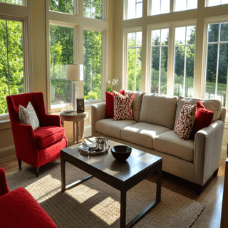 Contemporary Living Room Design With Beige Sofa and Red Accent Chairs