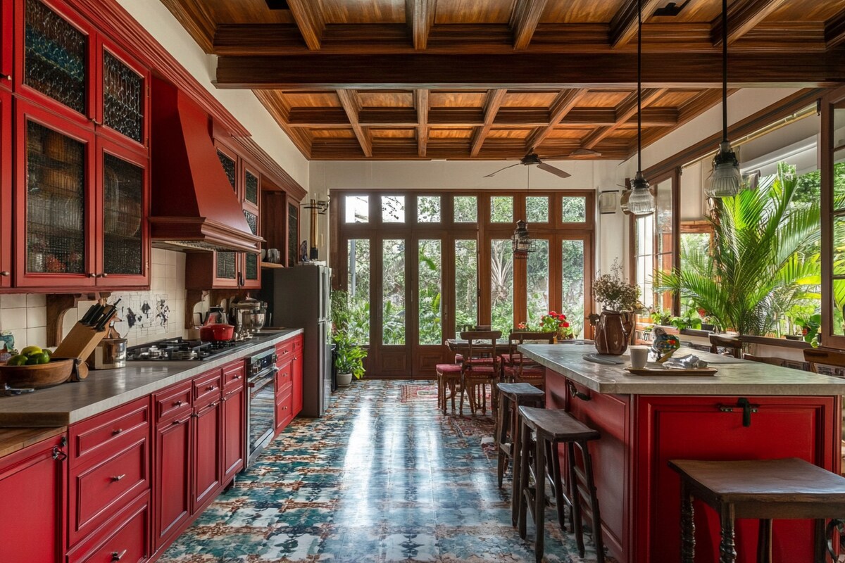 Classic Modular Open Kitchen Design With Red Cabinets And Wooden False Ceiling