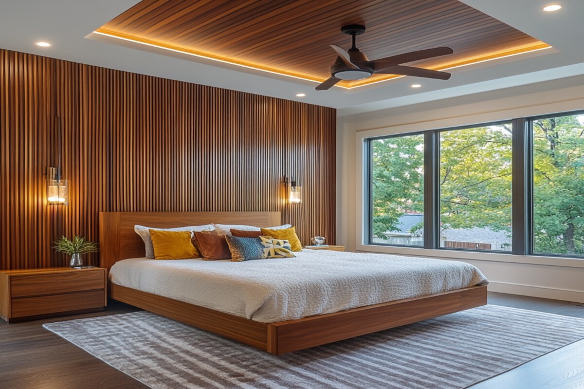 Contemporary Master Bedroom Design With Vertical Wooden Wall Panels