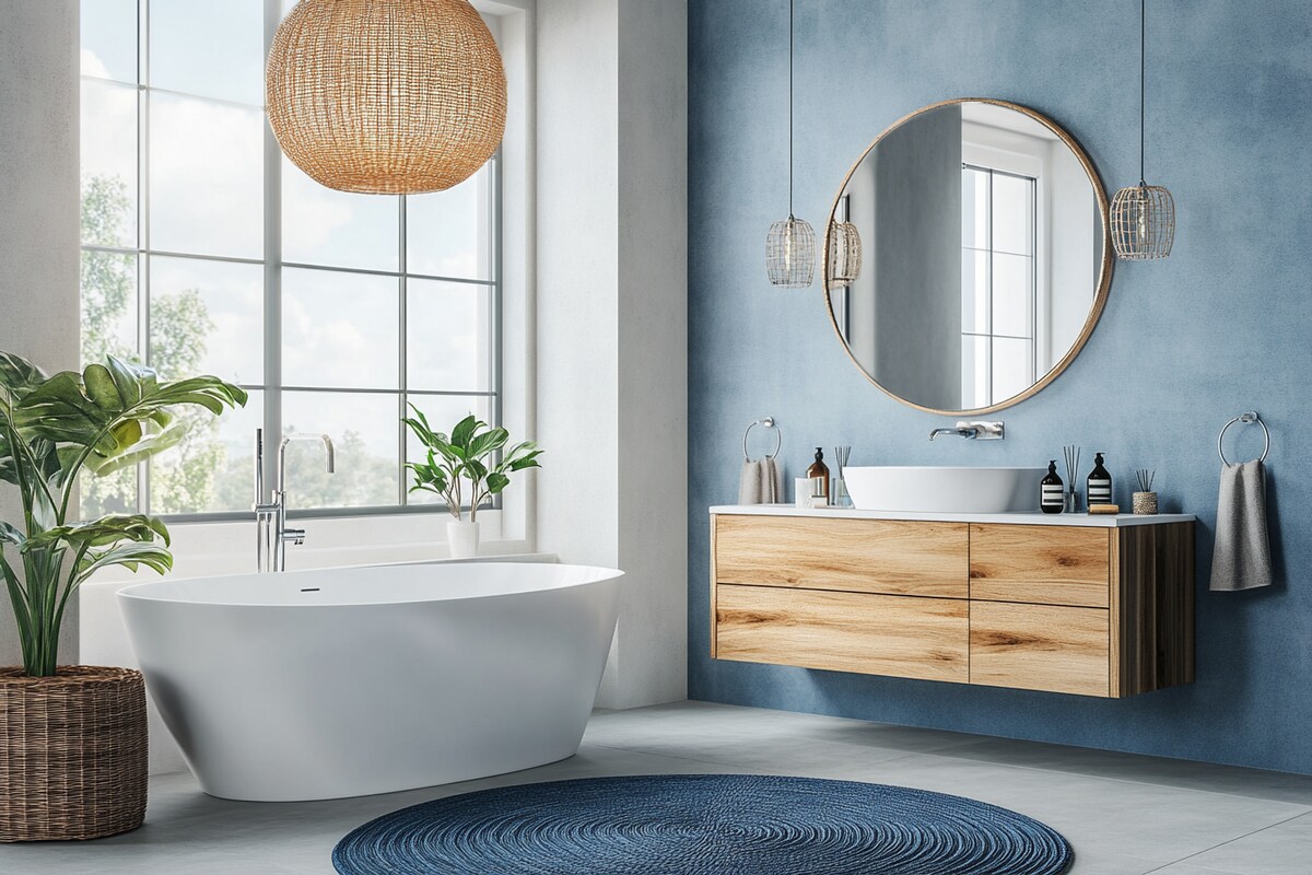 Contemporary Grey-White And Blue Bathroom Design With Wooden Vanity Unit