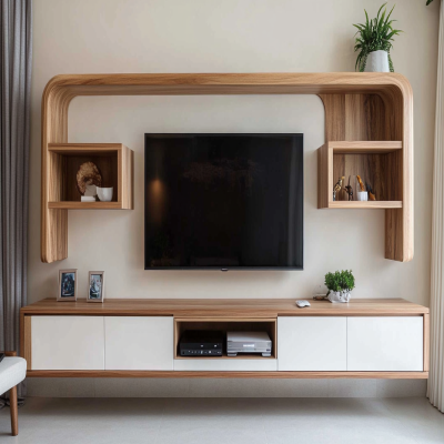 Classic White And Wood TV Unit Design With Wall-Mounted Console And Open Wooden Unit