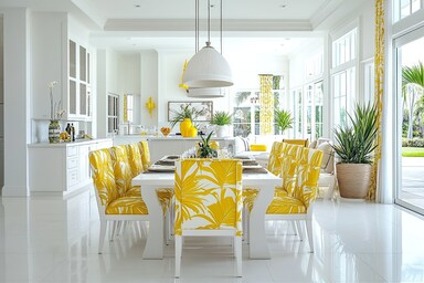 Contemporary White Dining Room Design With Yellow And Tropical-Inspired ...