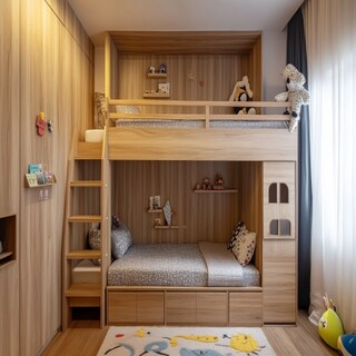 Modern Kids Bedroom Design With Wooden Bunk Bed and Swing Wardrobe