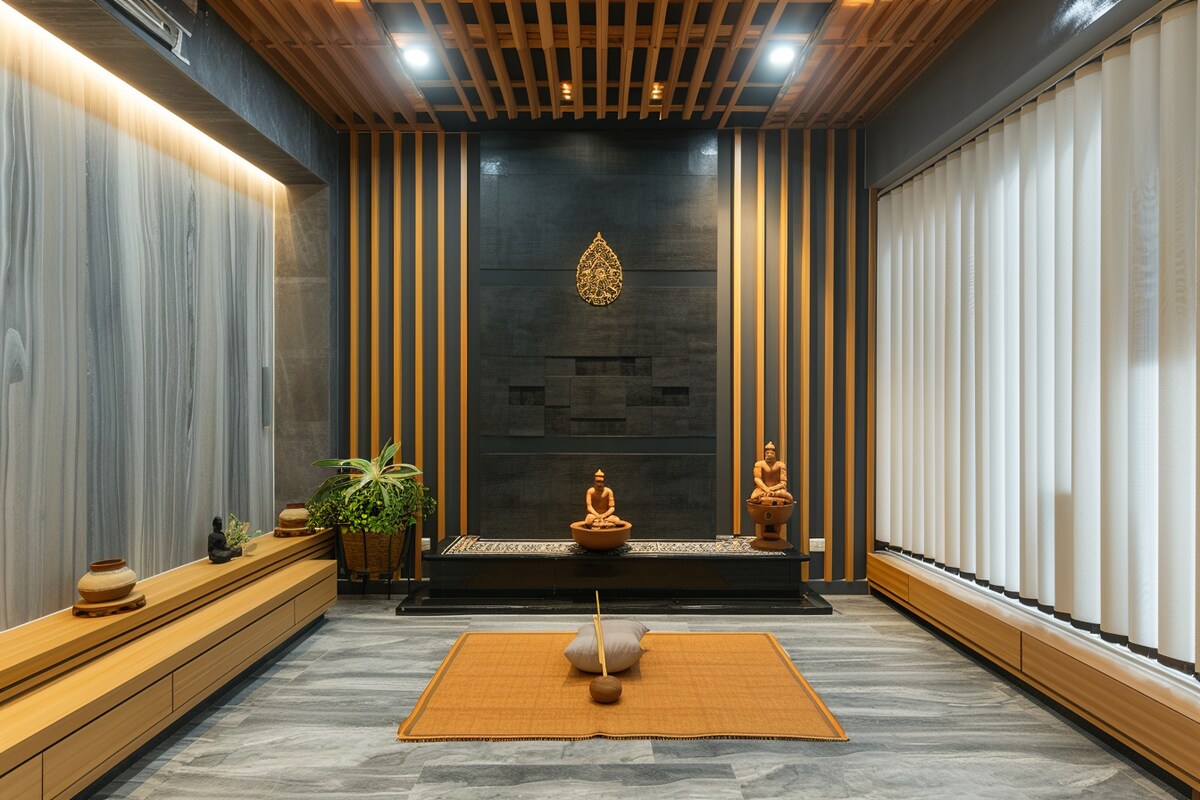 Contemporary Grey And Black Pooja Room Design With Wooden Fluted Panels Contemporary Grey And Black Pooja Room Design With Wooden Fluted Panels