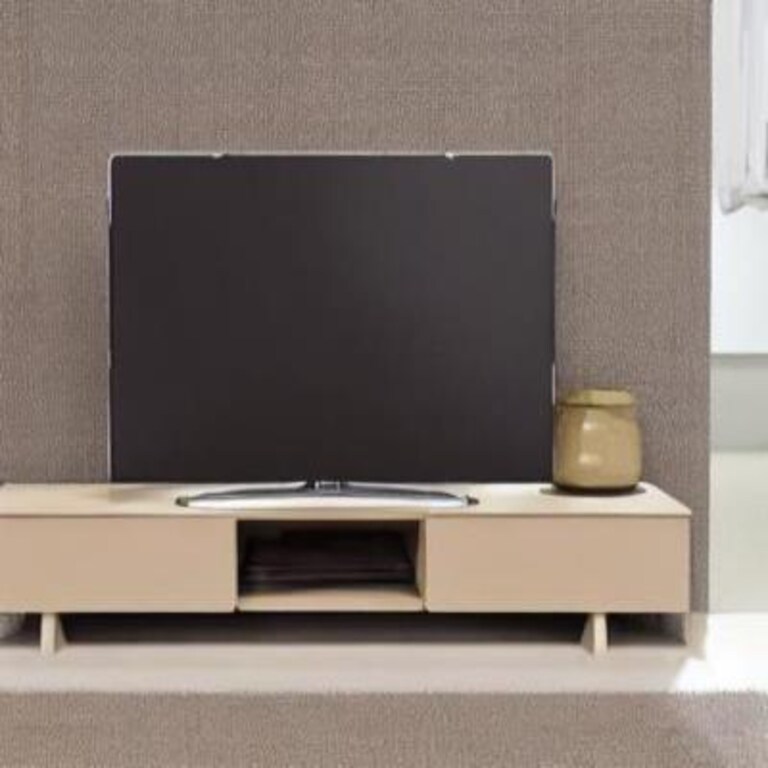 Classic TV Unit Design in Beige with Grey Walls and Cream Wooden Floor