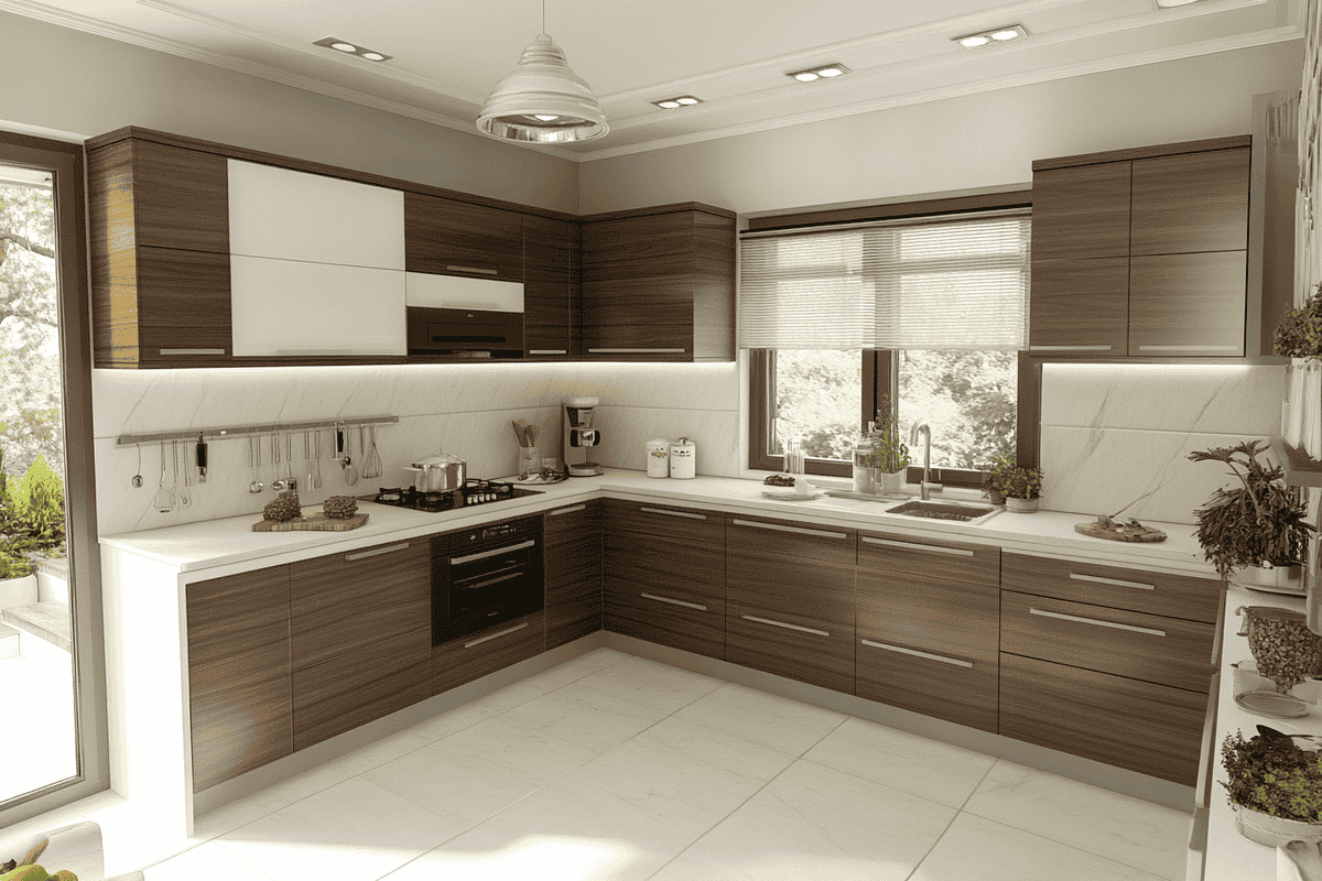 White and Walnut Contemporary L-Shaped Kitchen Design