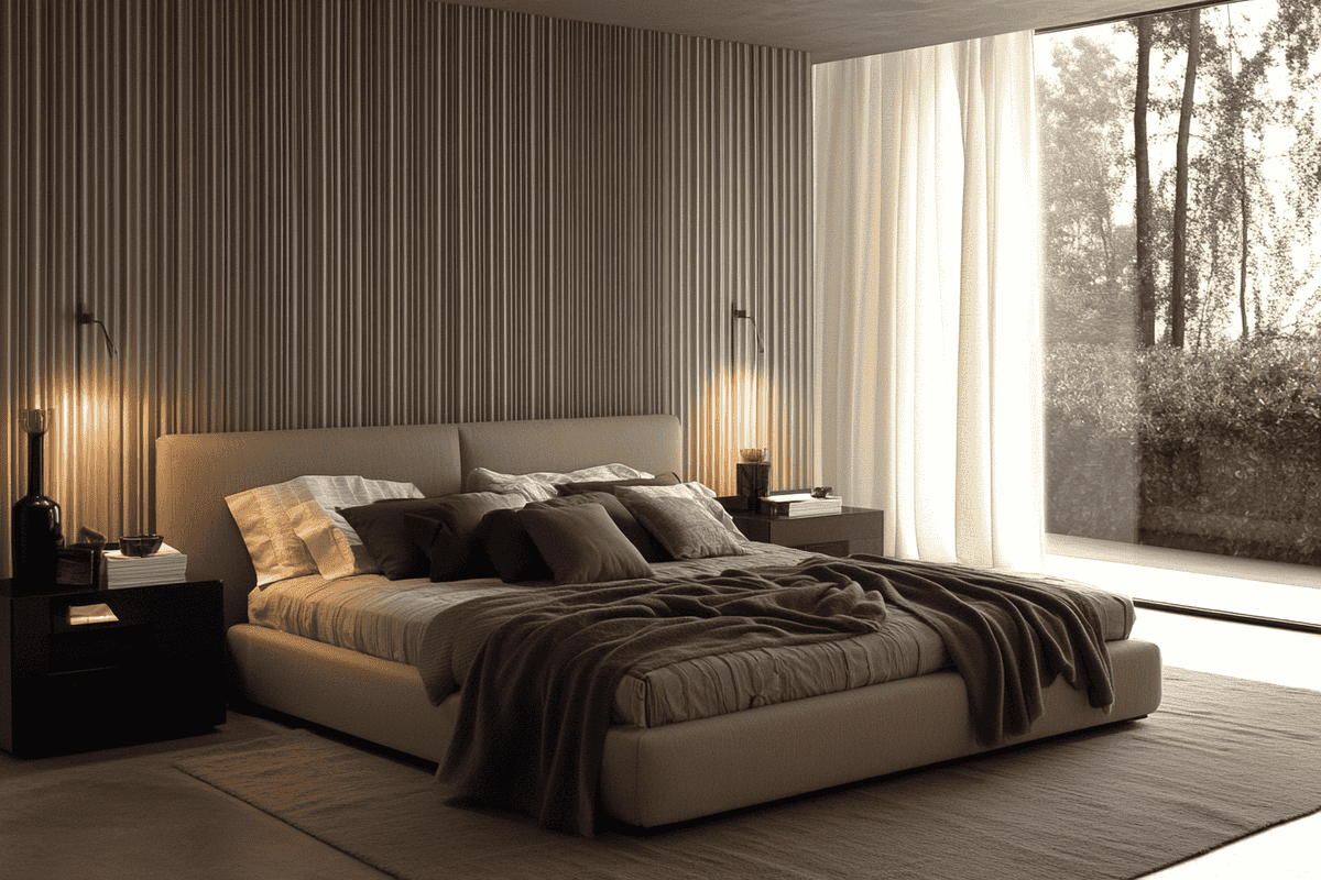 Modern Master Bedroom Design with King Bed, Fluted Panels and Neutral Tones