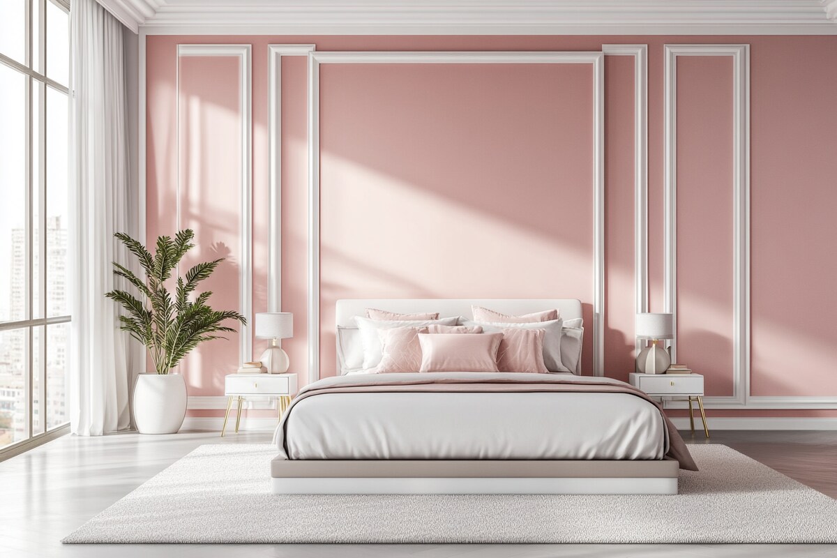 Mid-Century Modern Bedroom Wall Paint Design In Light Pink With White Wall Trims Mid-Century Modern Bedroom Wall Paint Design In Light Pink With White Wall Trims