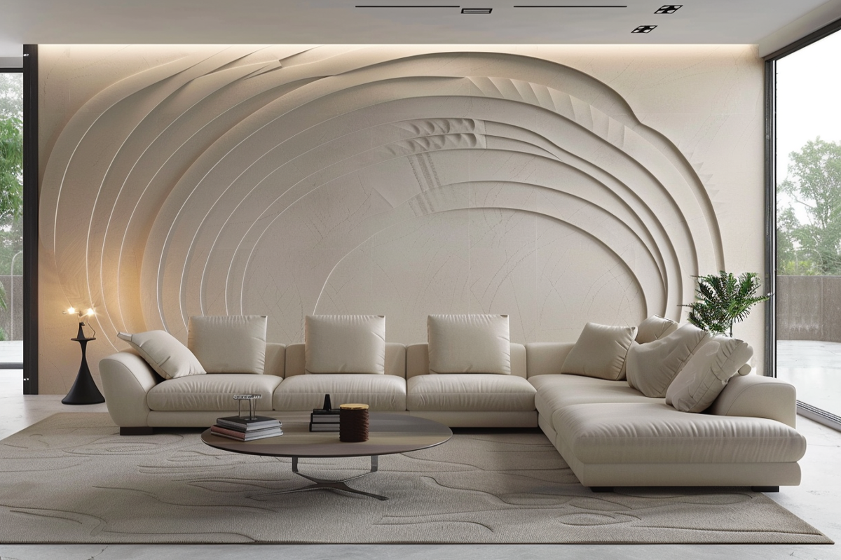 Contemporary Living Room Design With Beige L-shaped Sectional And Wall Design With Arched Grooves