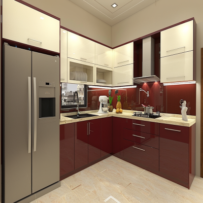 Modern Modular L-Shaped Wine Red And Irish Cream Kitchen Design