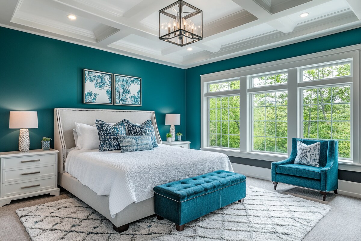 Modern Master Bedroom Design With Teal Blue Accent Wall And White Wall Trims