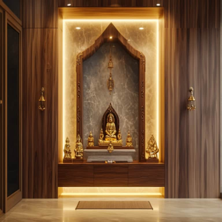 Modern Textured Wall Pooja Room Mandir Design With Wooden Carved Doors