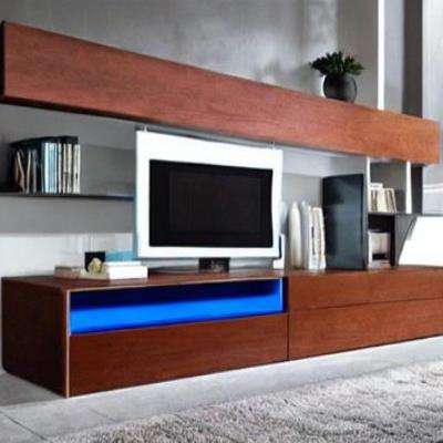 Modern TV Unit Design in Brown and Blue Laminate