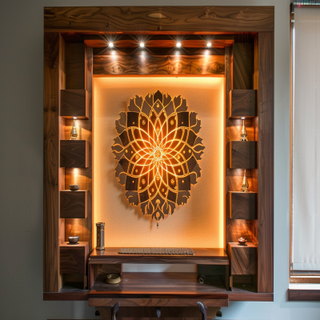 Modern Wall-Mounted Mandir Unit With Om Mandala Design and Lighting