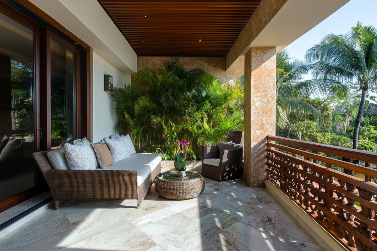 Tropical Balcony Design With Marble Tile Wall