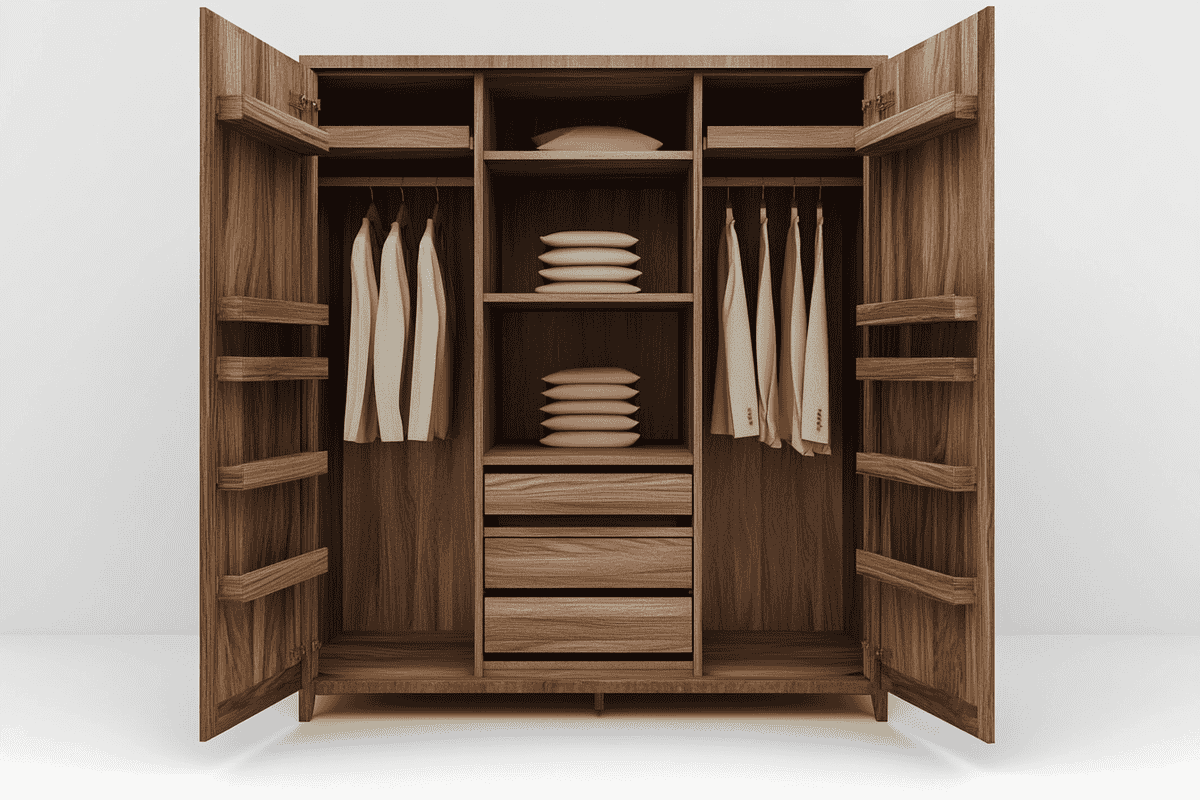 Contemporary 2-Door Wardrobe Design with Open Wooden Shelves