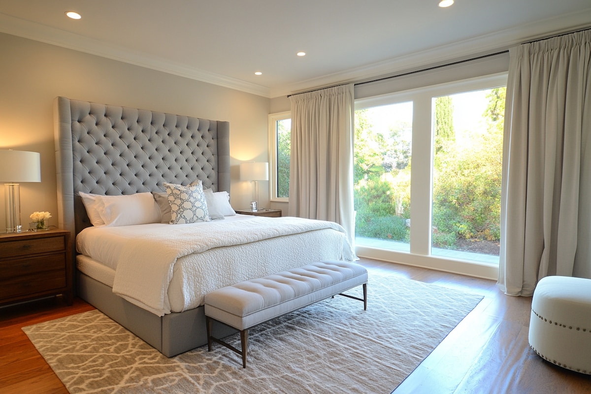 Minimal Master Bedroom Design With Floor-To-Ceiling Grey Headboard