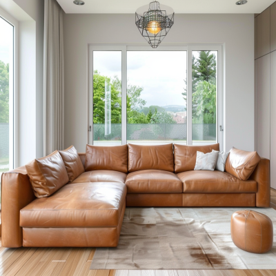 Contemporary Living Room Design With L-Shaped Light Brown Leather Sofa