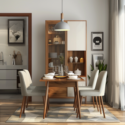 Modern 4-Seater Wood And White Dining Room Design With Grey-Wood Crockery Unit