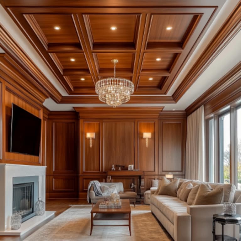 Contemporary Single-Layered Wood-Panelled Ceiling Design With Chandelier