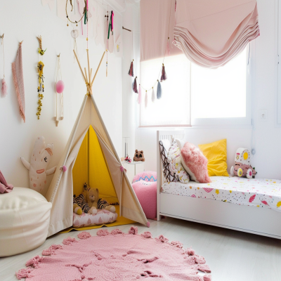 Shabby Chic Pink And White Kids Room Design For Girls With Yellow Tipi