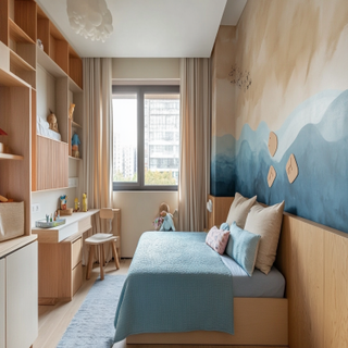 Modern Beige And Blue Kids Room Design With Ombre Headboard