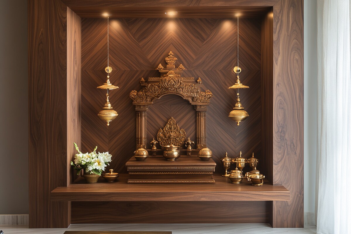 Modern Pooja Room Design in American Walnut with LED Lighting Modern Pooja Room Design in American Walnut with LED Lighting