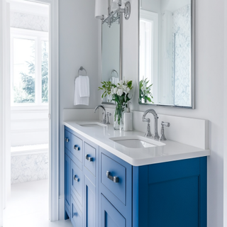 Modern White Bathroom Design With Blue Vanity Cabinet For Two