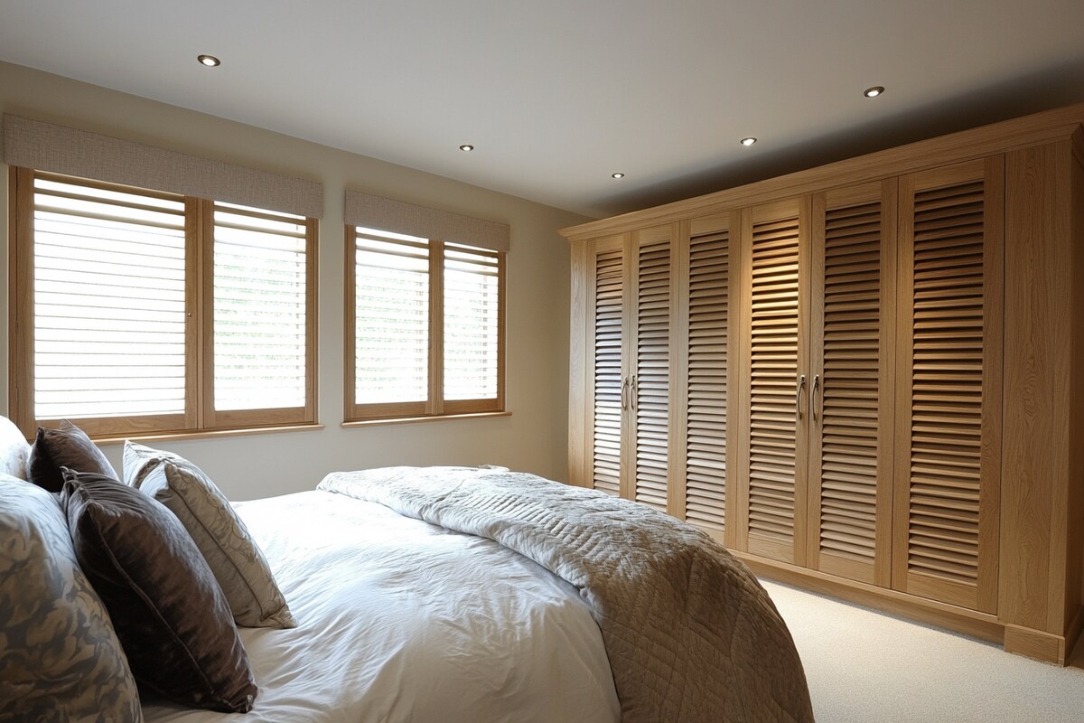 Modern Oak Swing Wardrobe Design with Glass Shutters