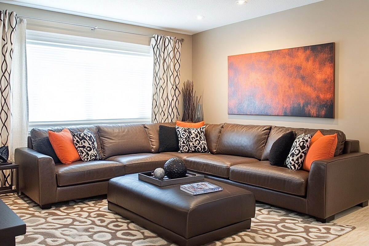 Modern Living Room Design With L-Shaped Faux Leather Brown Sofa And Textured Walls