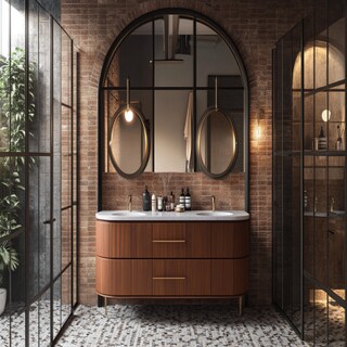 Mid-century Modern Bathroom Design With Glass Arched Partition