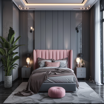 Contemporary Grey And Pink Master Bedroom Design With Grey Fluted Wall Panelling